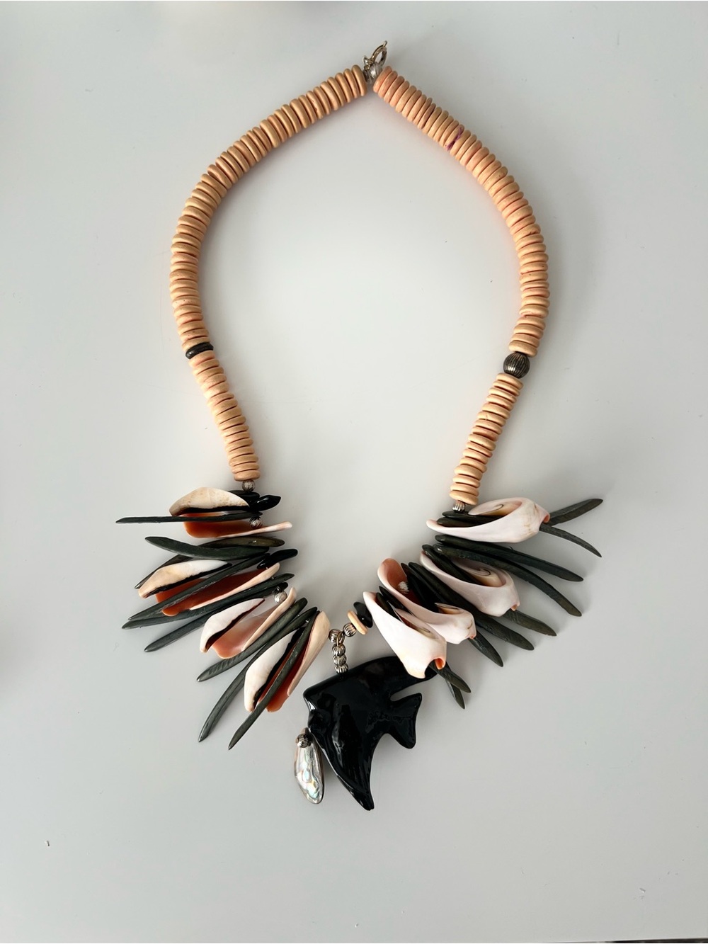 Handcrafted Beach Shell Statement Necklace in Cream, Black and Orange - Picture 2 of 8